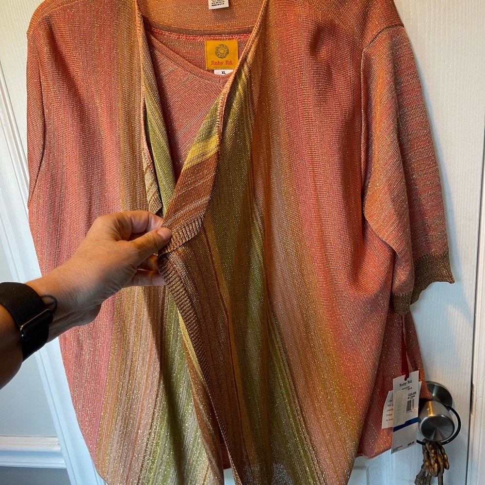 NWT Ruby Rd. Coral Multicolor Striped Top with Cardigan 2 piece Set! size XL - Picture 6 of 7